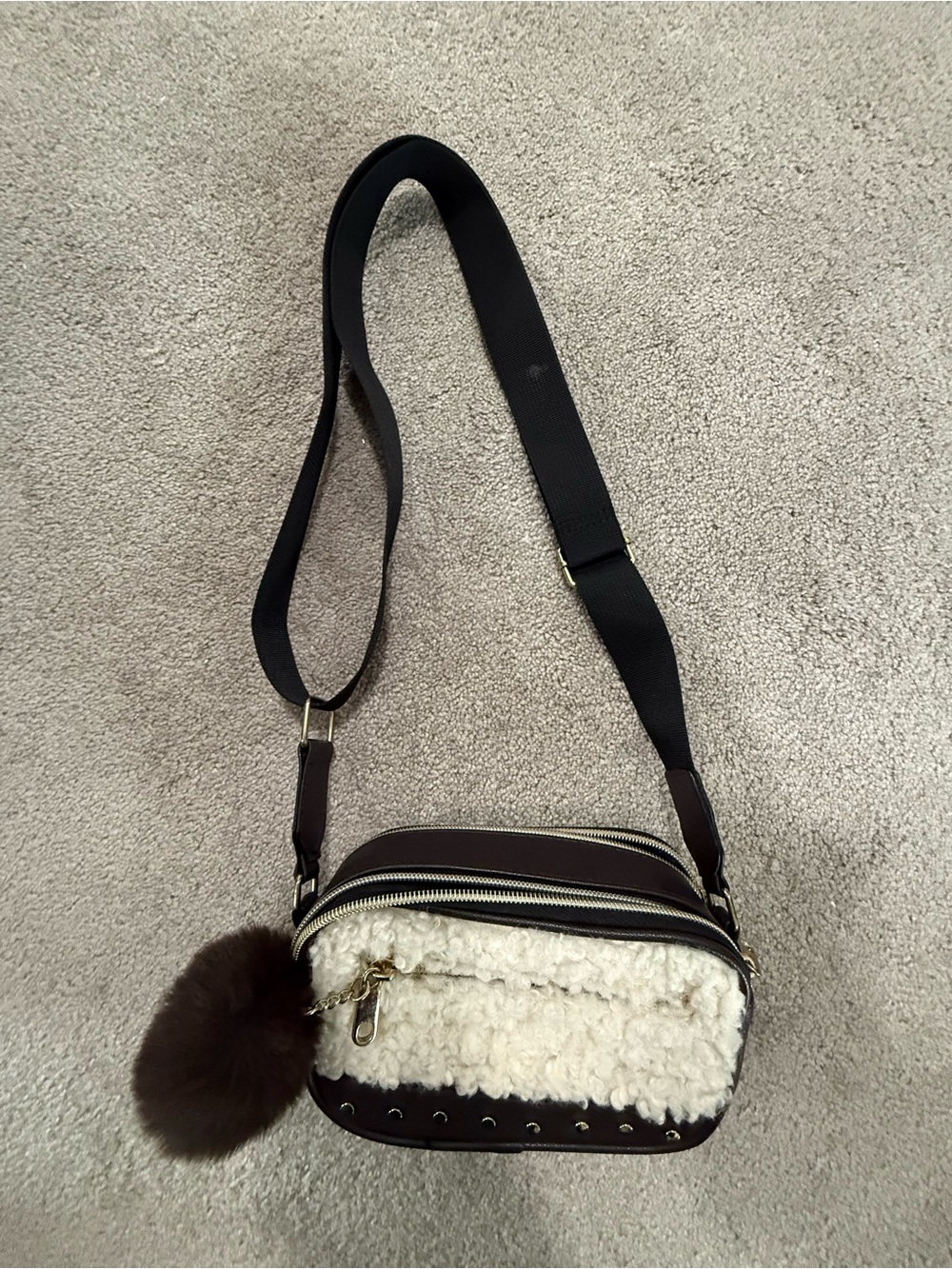 Claire's Brown and Cream Faux Shearling Crossbody Bag with Pom Pom